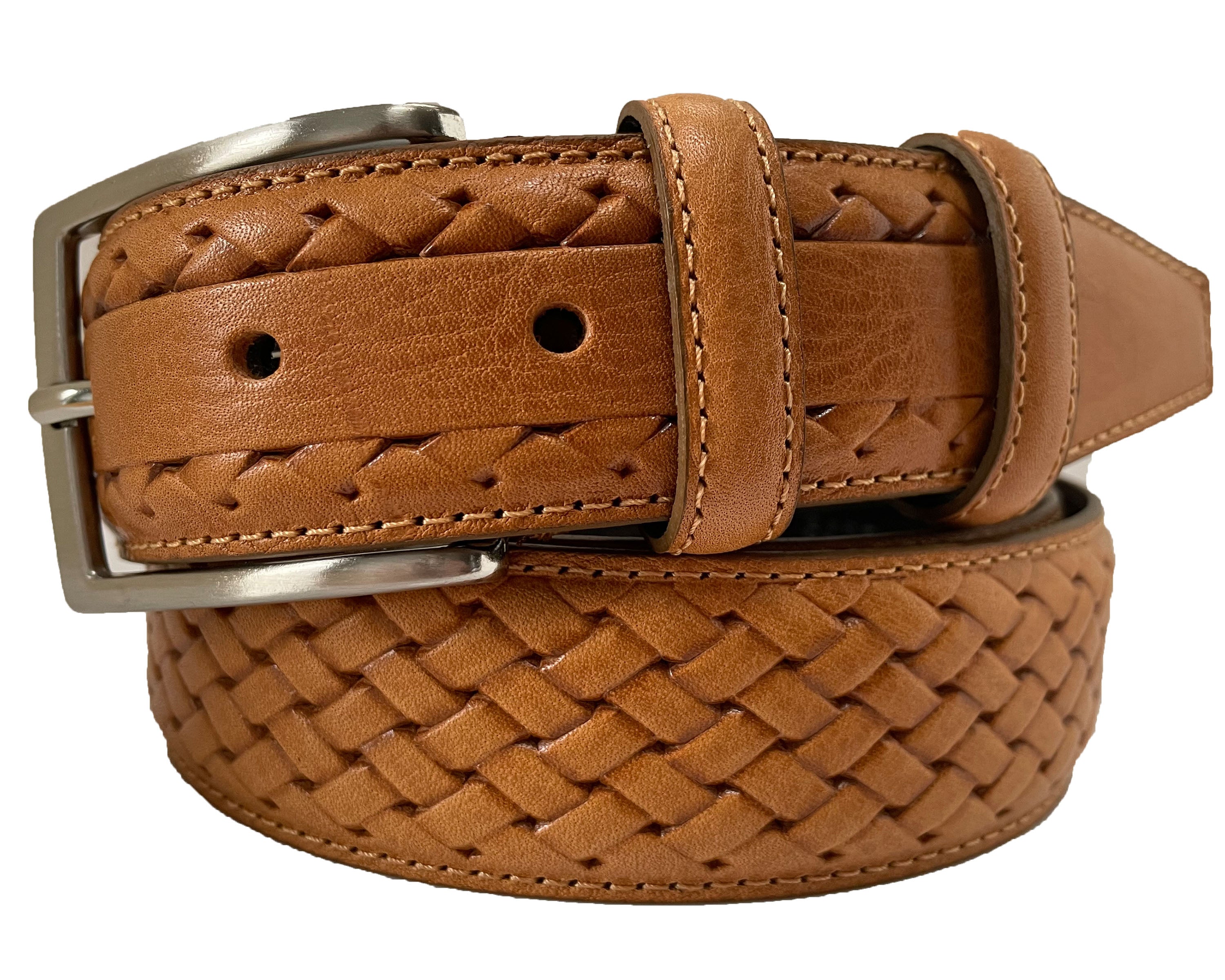 HONEY TAN CALF LEATHER BRAID WEAVE EMBOSSED 35MM LEATHER BELT