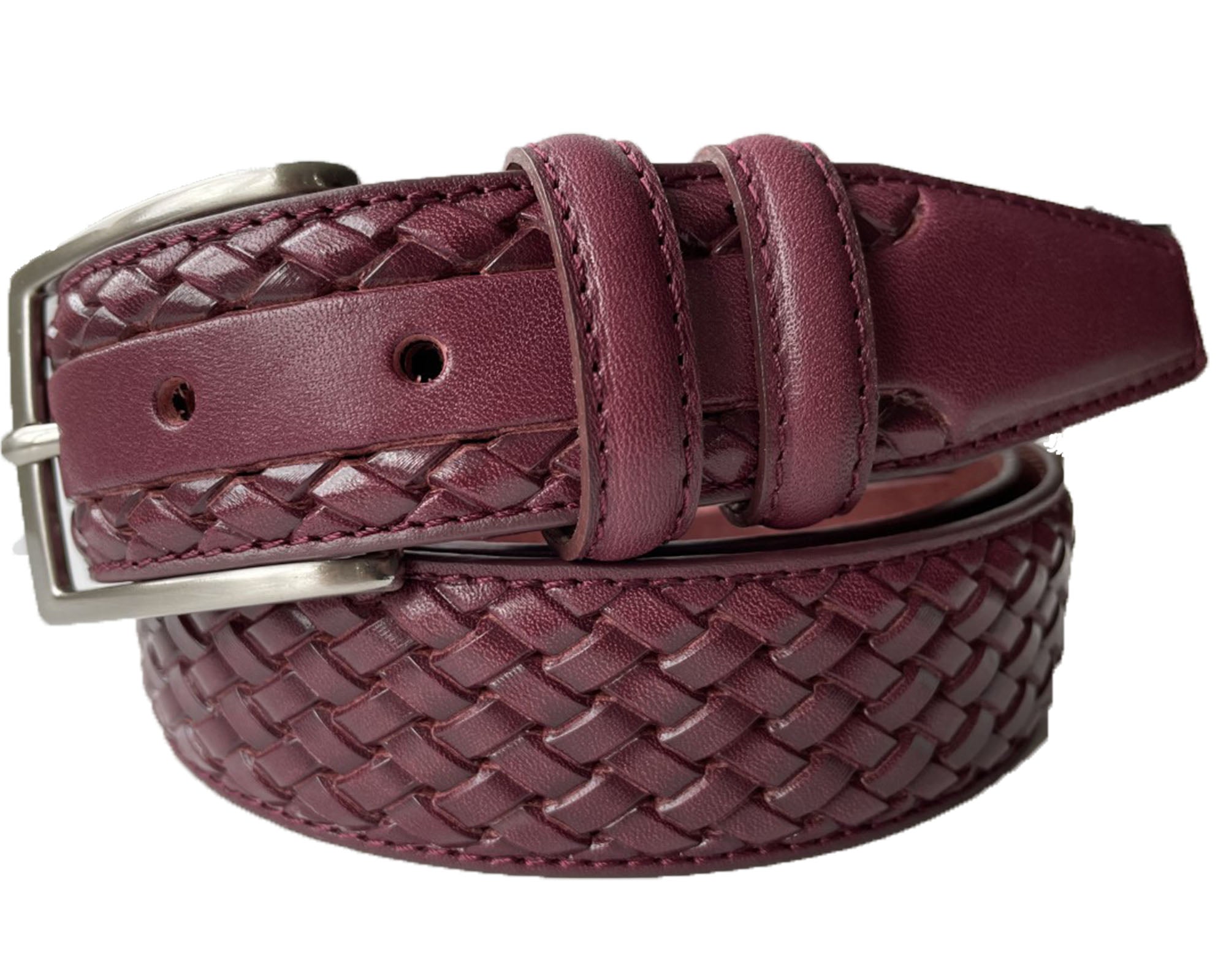 BURGUNDY PINK CALF LEATHER BRAID WEAVE EMBOSSED 35MM LEATHER BELT