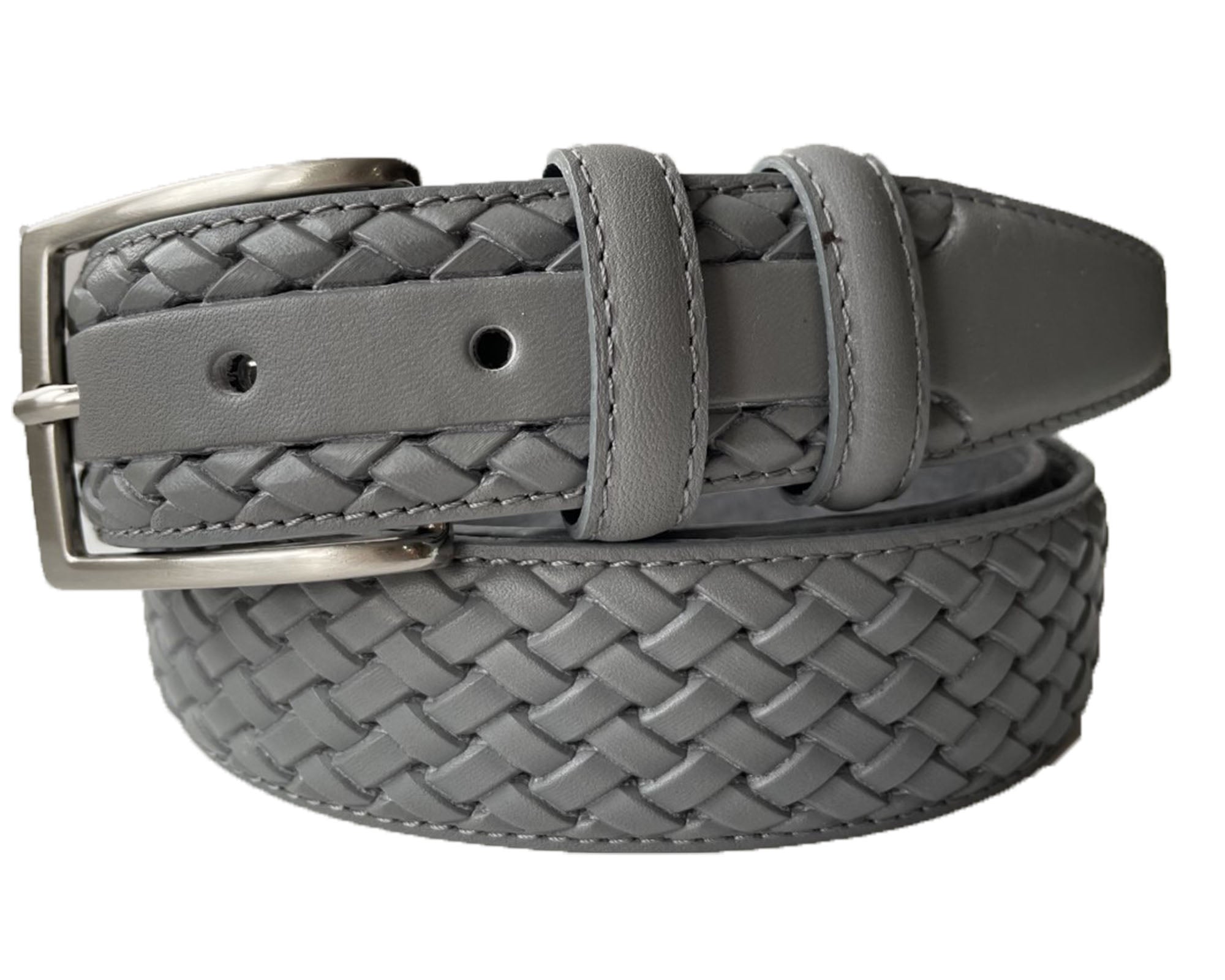 GREY CALF LEATHER BRAID WEAVE EMBOSSED 35MM LEATHER BELT