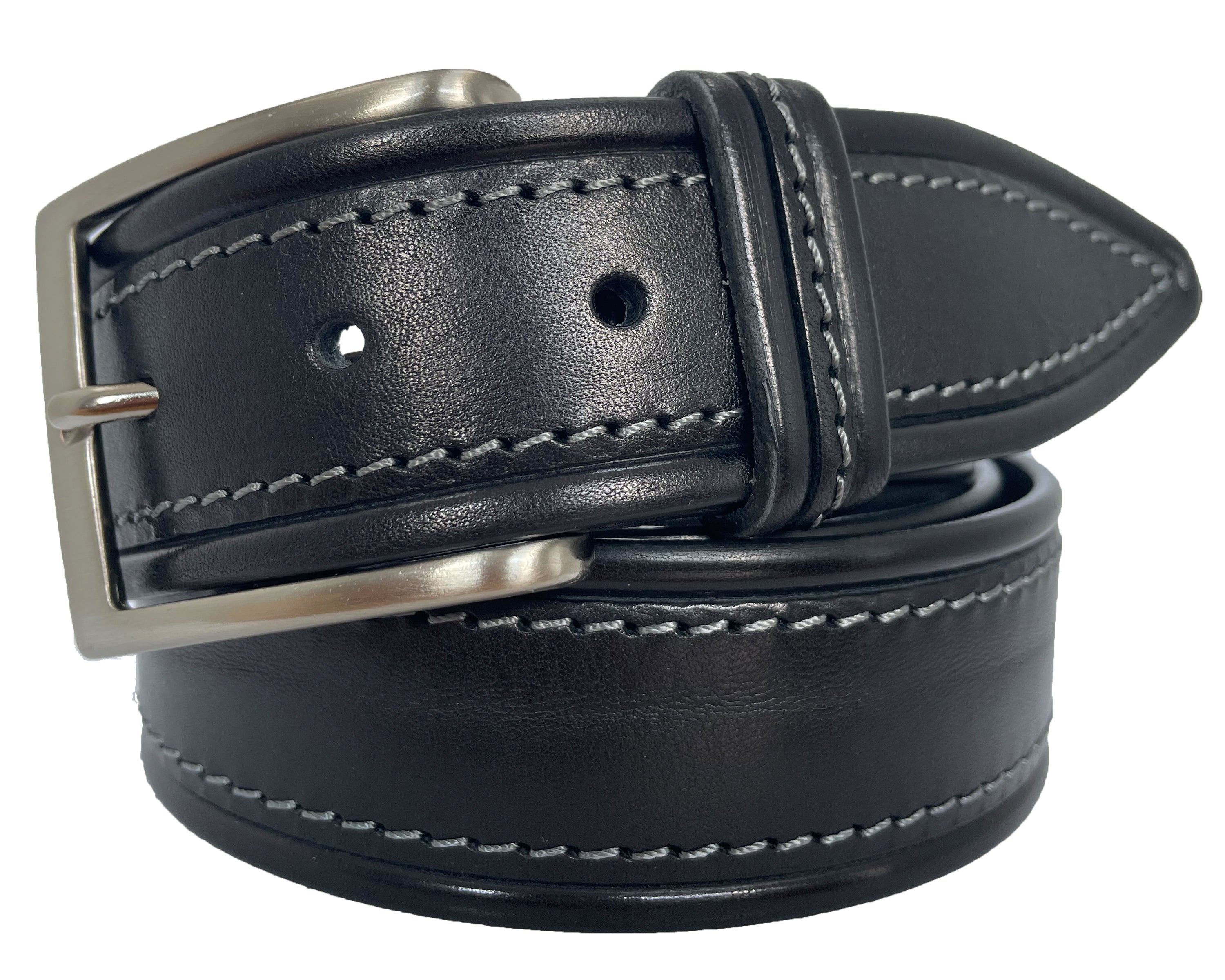 BLACK TAPERED TIP GREY STITCHED LEATHER BELT