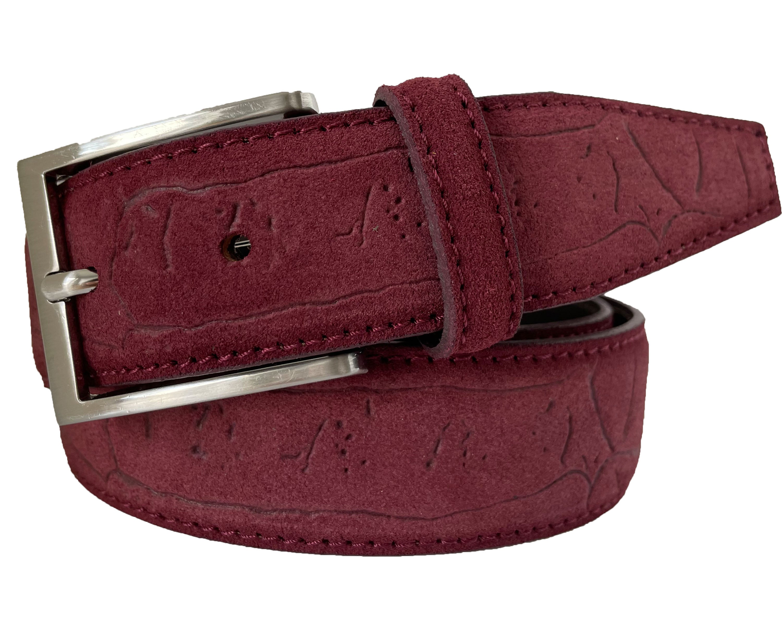 BURGUNDY EMBOSSED SUEDE BELT 35MM