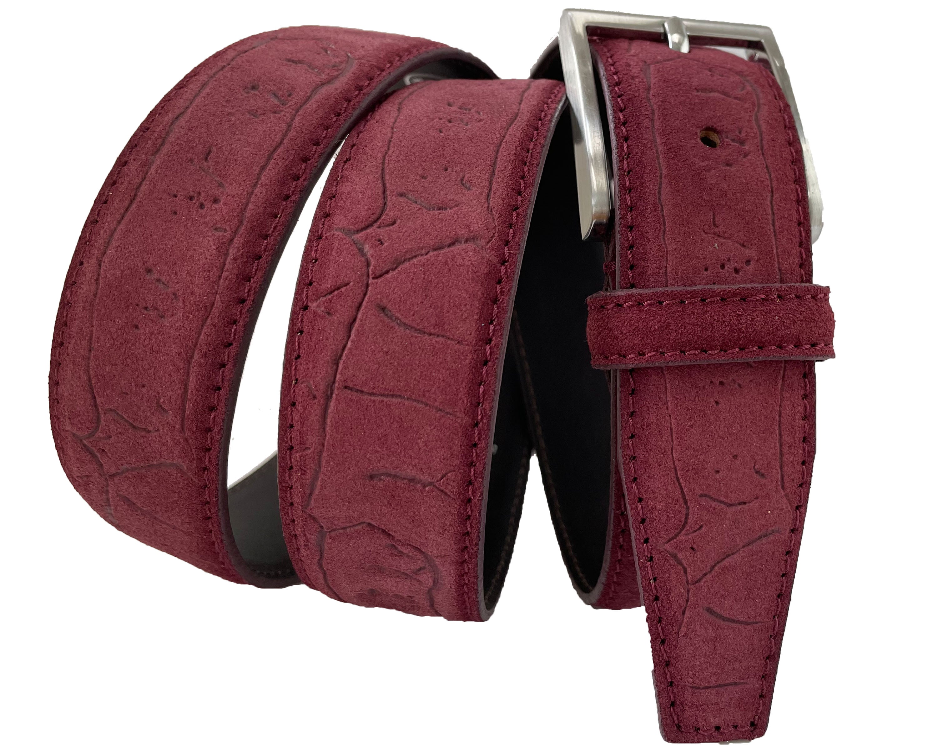 BURGUNDY EMBOSSED SUEDE BELT 35MM