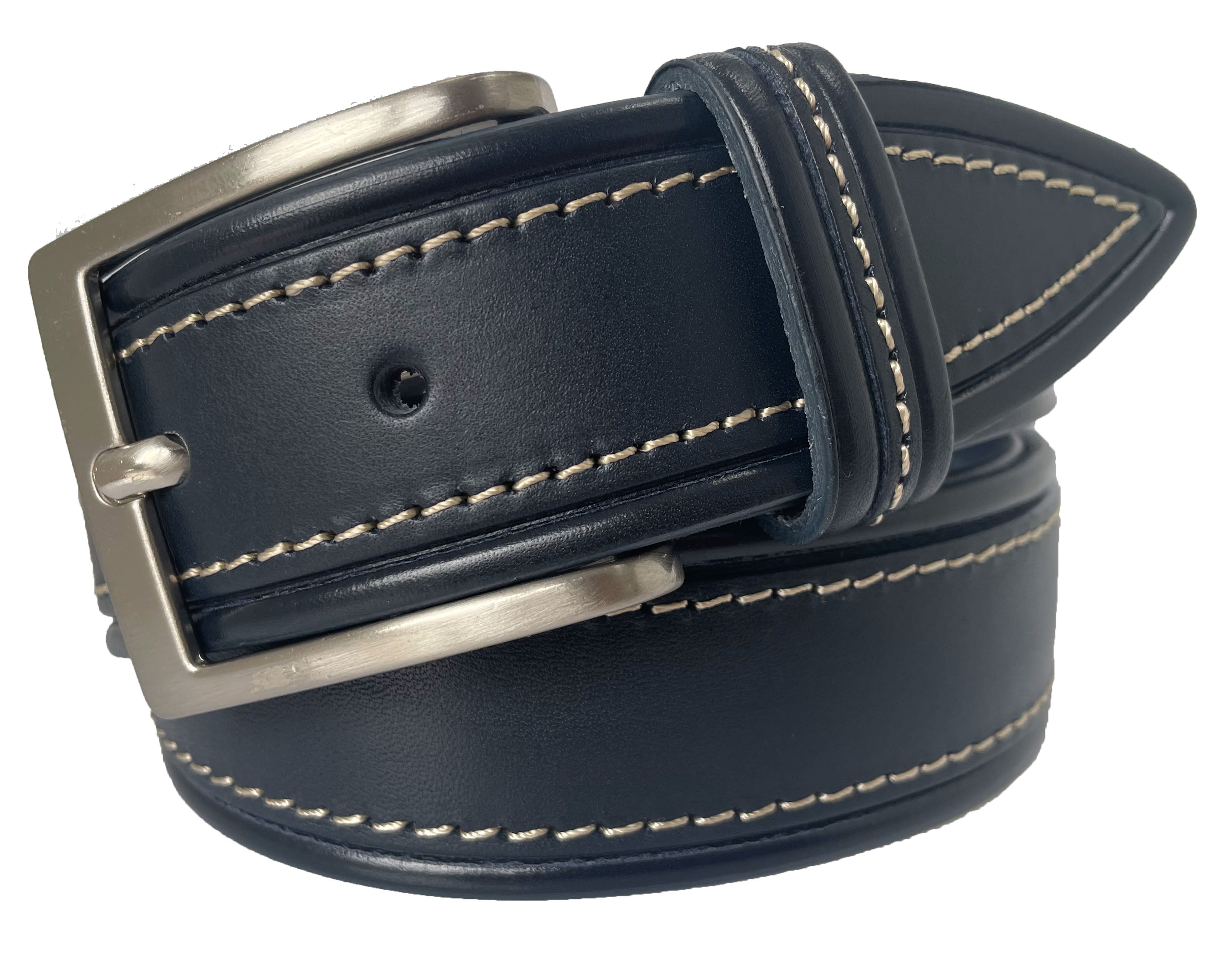 DARK NAVY BLUE TAPERED TIP CREAM STITCHED LEATHER BELT