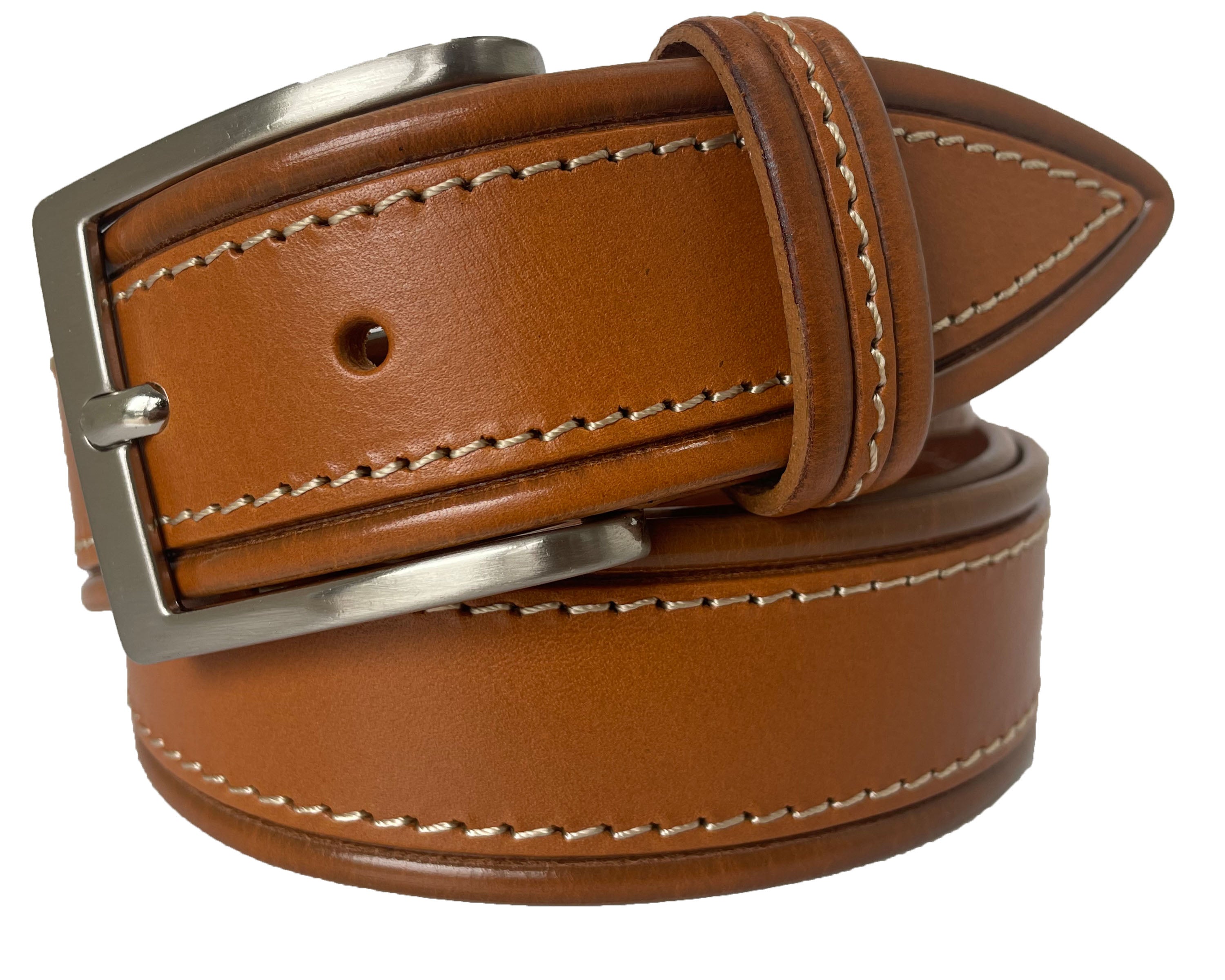 TAN TAPERED TIP CREAM STITCHED LEATHER BELT