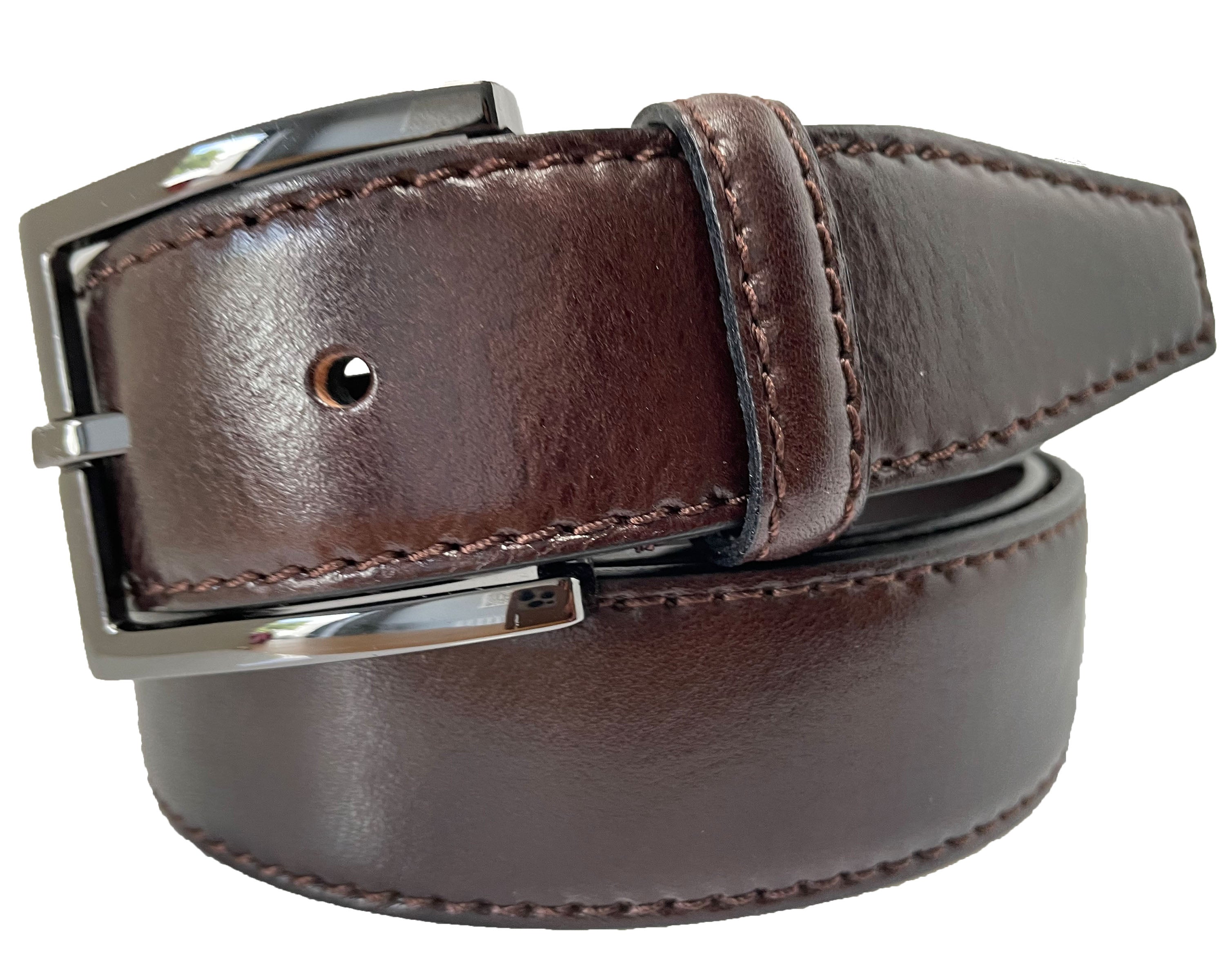 PREMIUM BROWN CALF LEATHER BELT GUN METAL BUCKLE 35MM