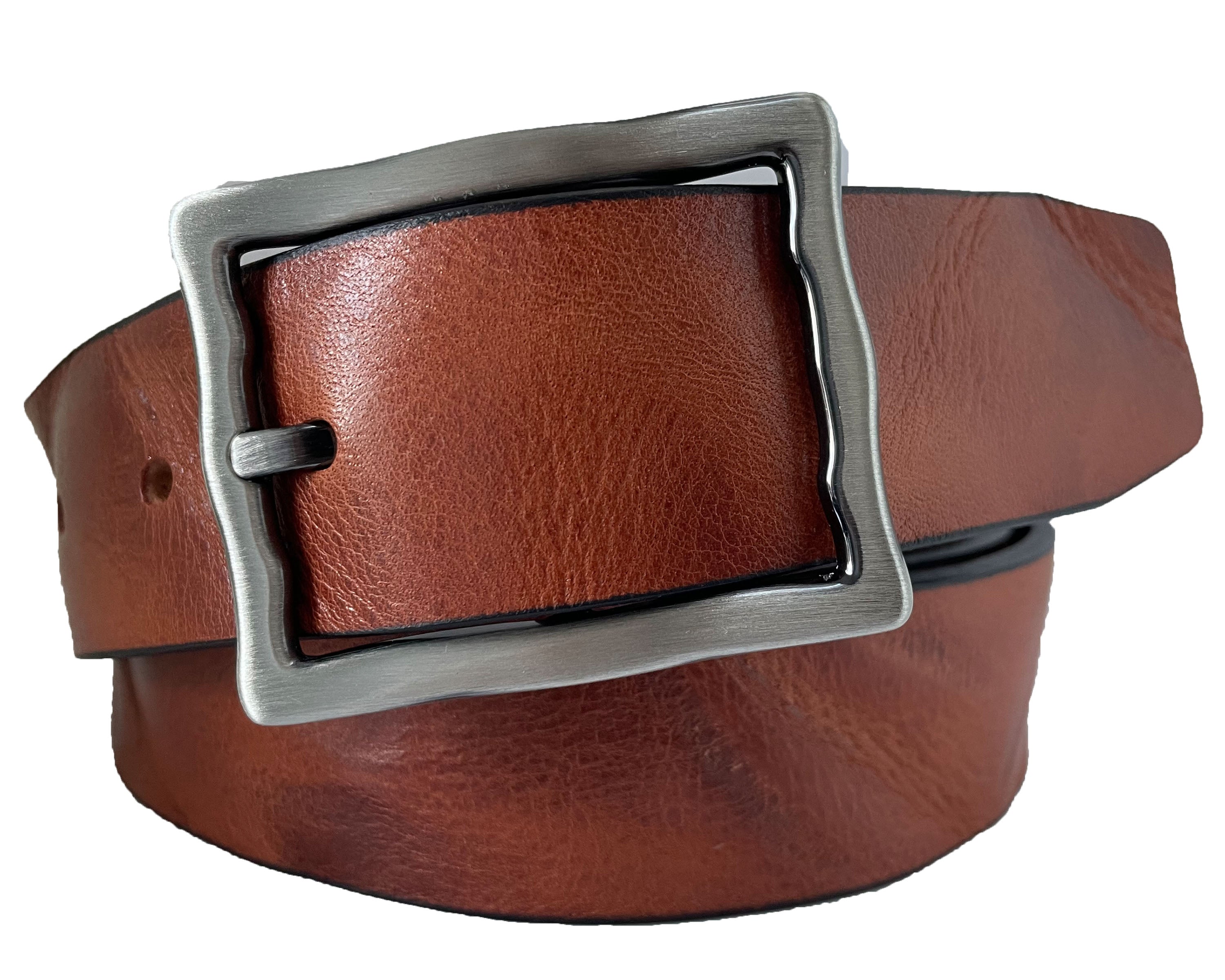 COGNAC TAN 35mm DISTRESSED HIDE LEATHER BELT RECTANGLE BUCKLE