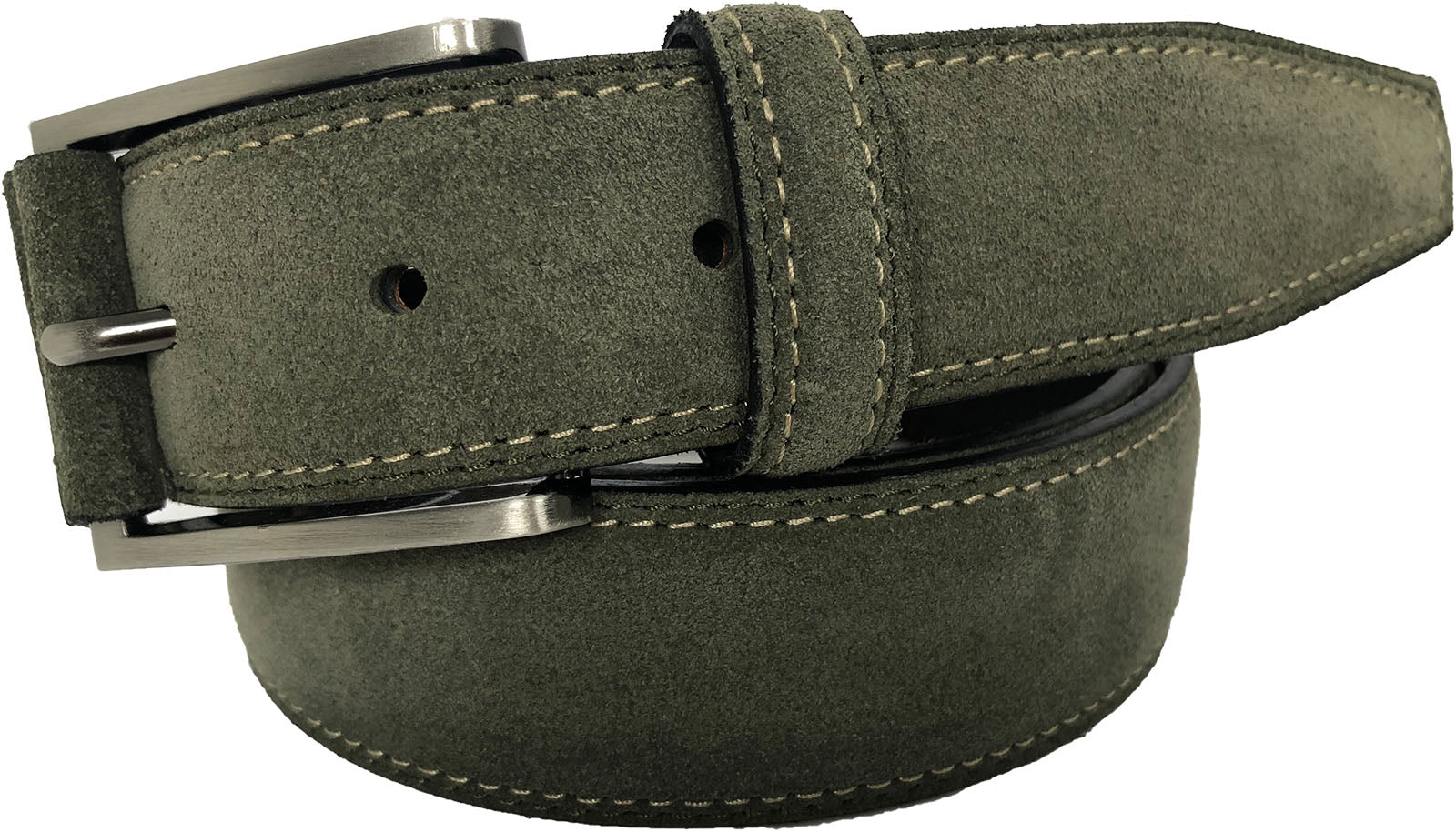 CONTRAST STITCH OLIVE GREEN SUEDE BELT 35MM