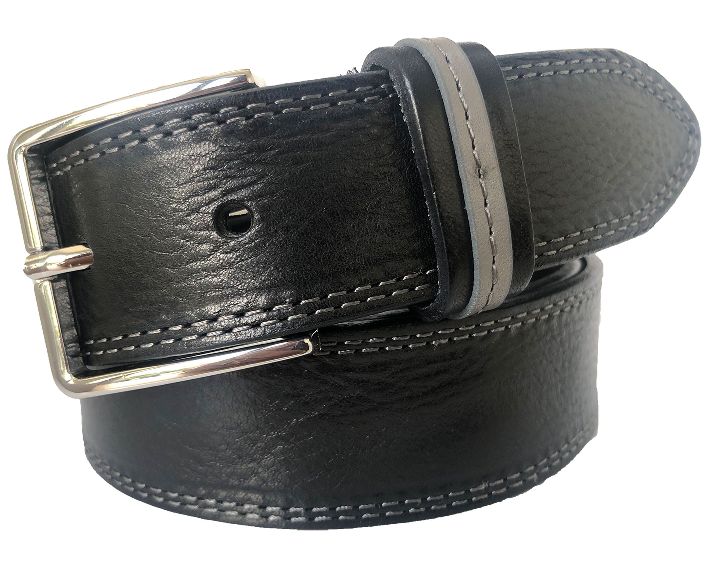 BLACK DISTRESSED HIDE WITH GREY LOOP 35mm LEATHER BELT