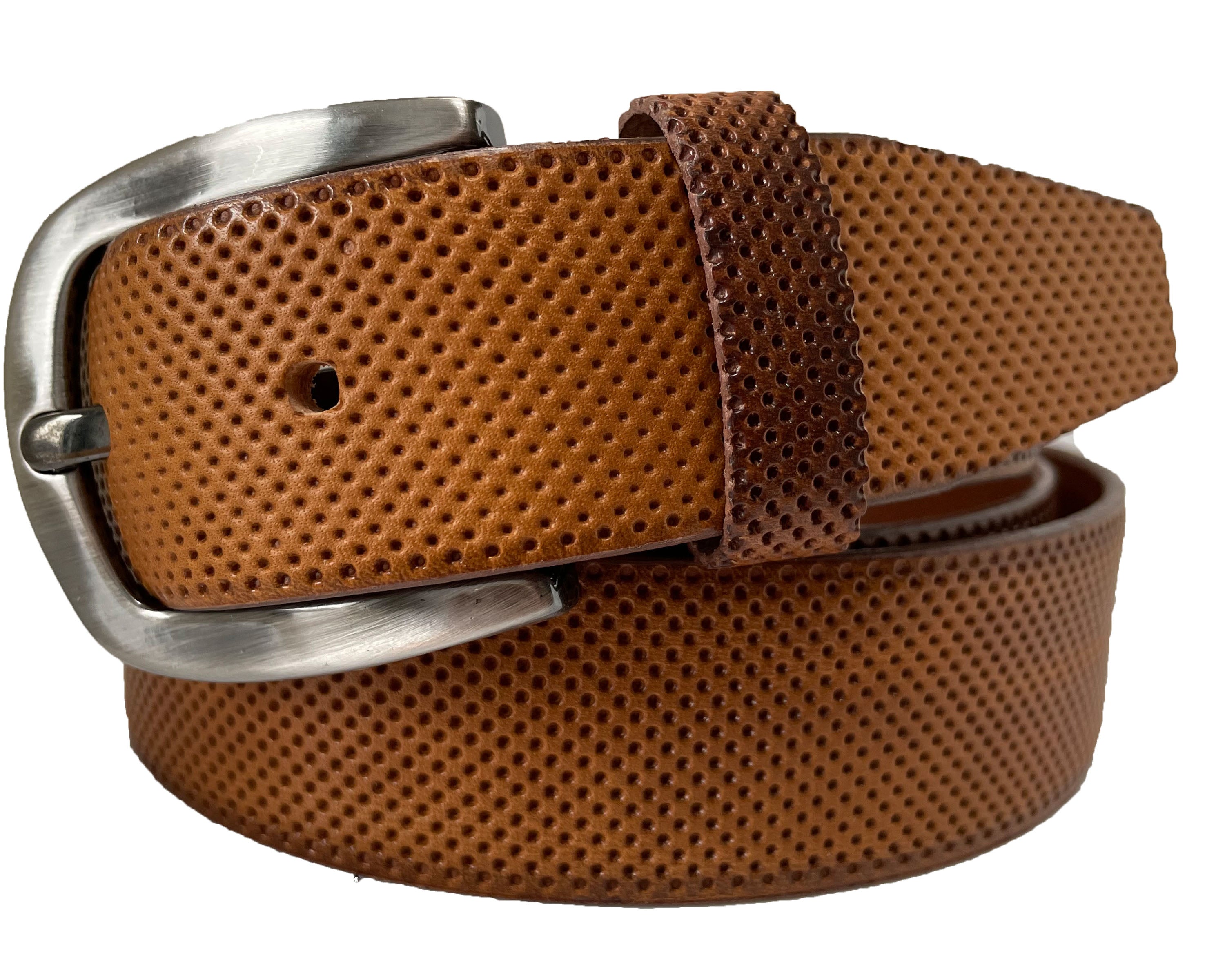 TAN LEATHER BELT PERFORATED EMBOSSED HIDE 35MM