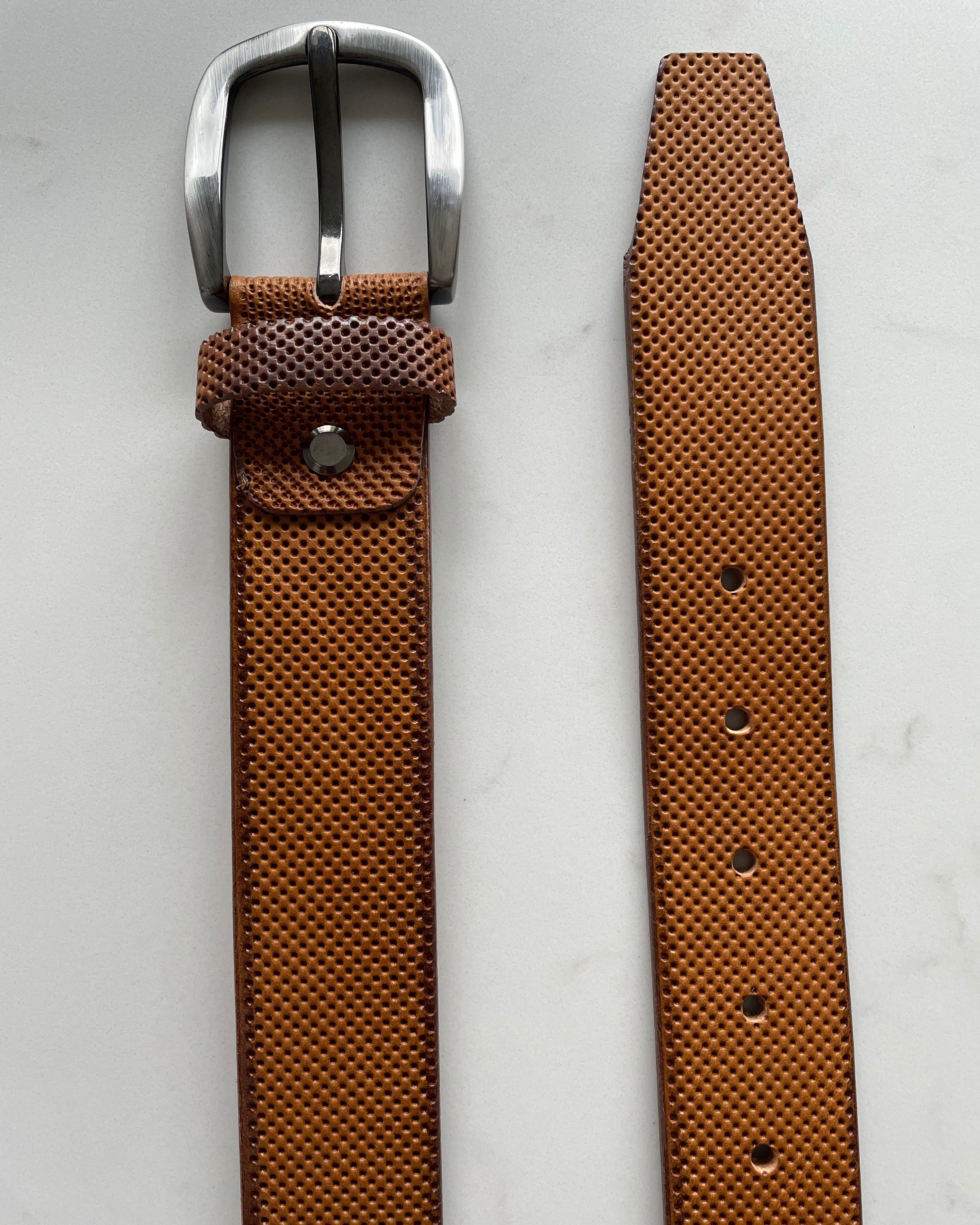 TAN LEATHER BELT PERFORATED EMBOSSED HIDE 35MM