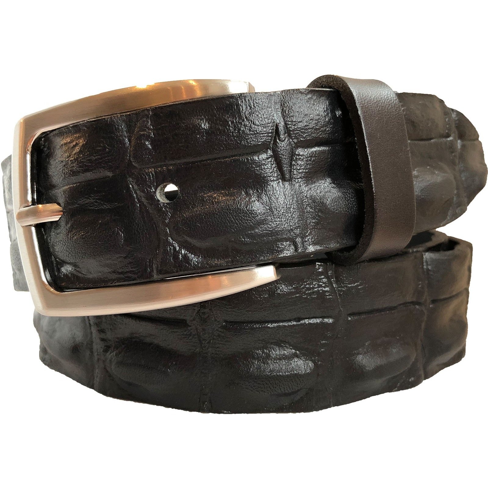 BLACK 35MM CROCODILE PRINT LEATHER BELT