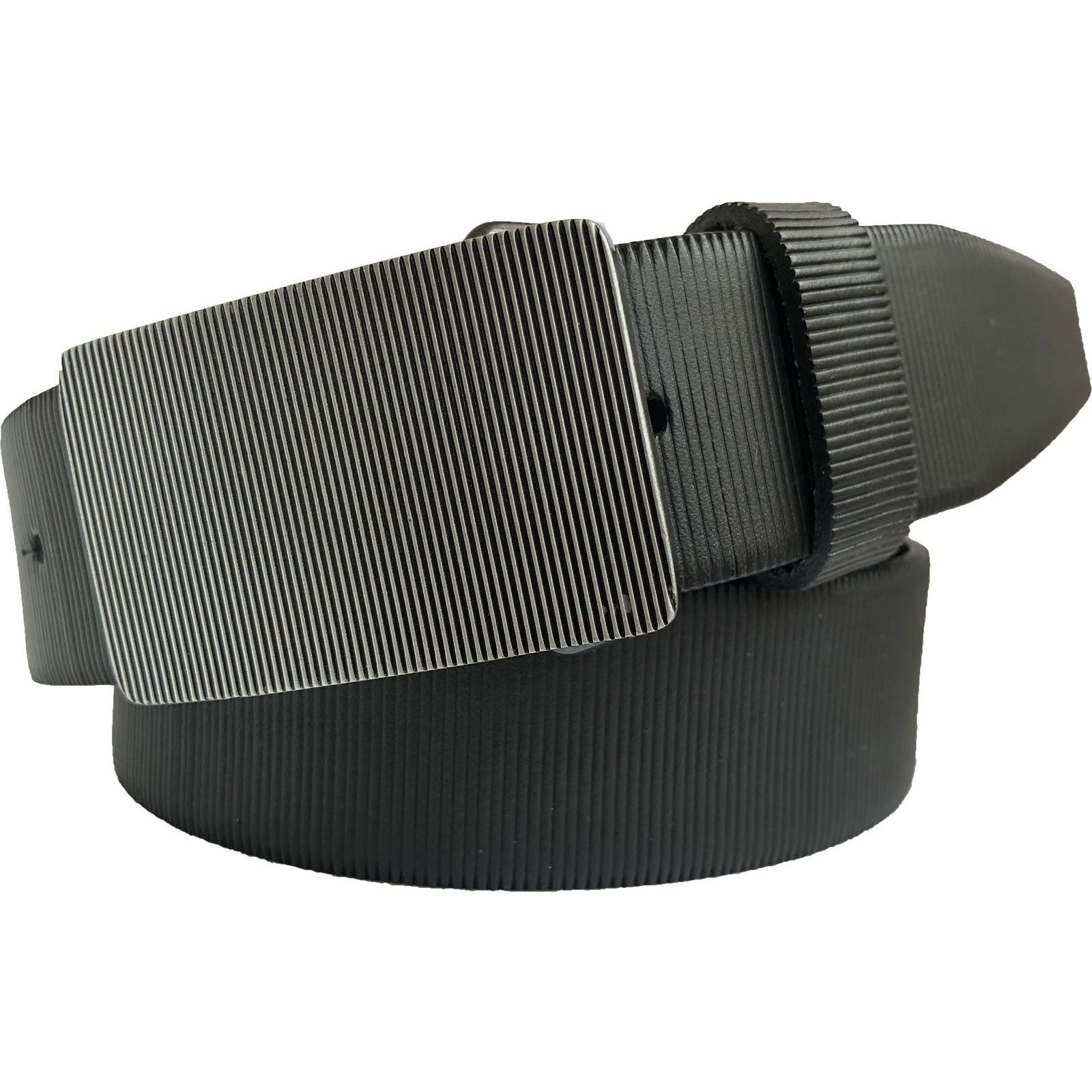 BLACK 35MM STRIPE EMBOSSED LEATHER BELT WITH A PLAQUE BUCKLE