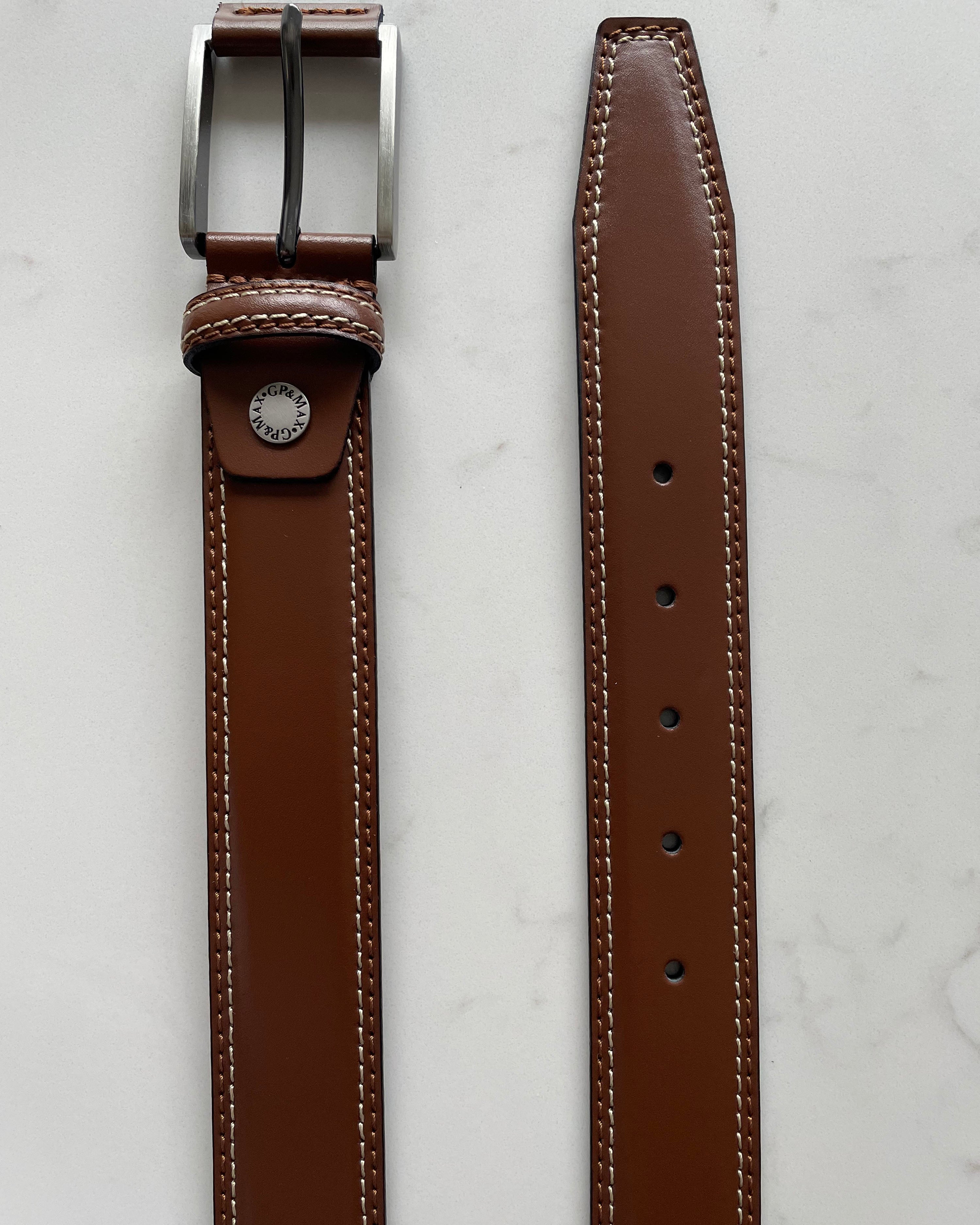 COGNAC TAN CONTRAST DOUBLE STITCHED 35MM LEATHER BELT