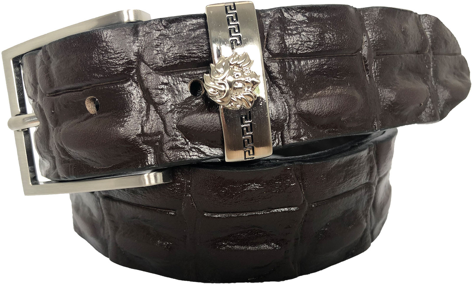BROWN 35MM CROCODILE PRINT MEDUSA LEATHER BELT