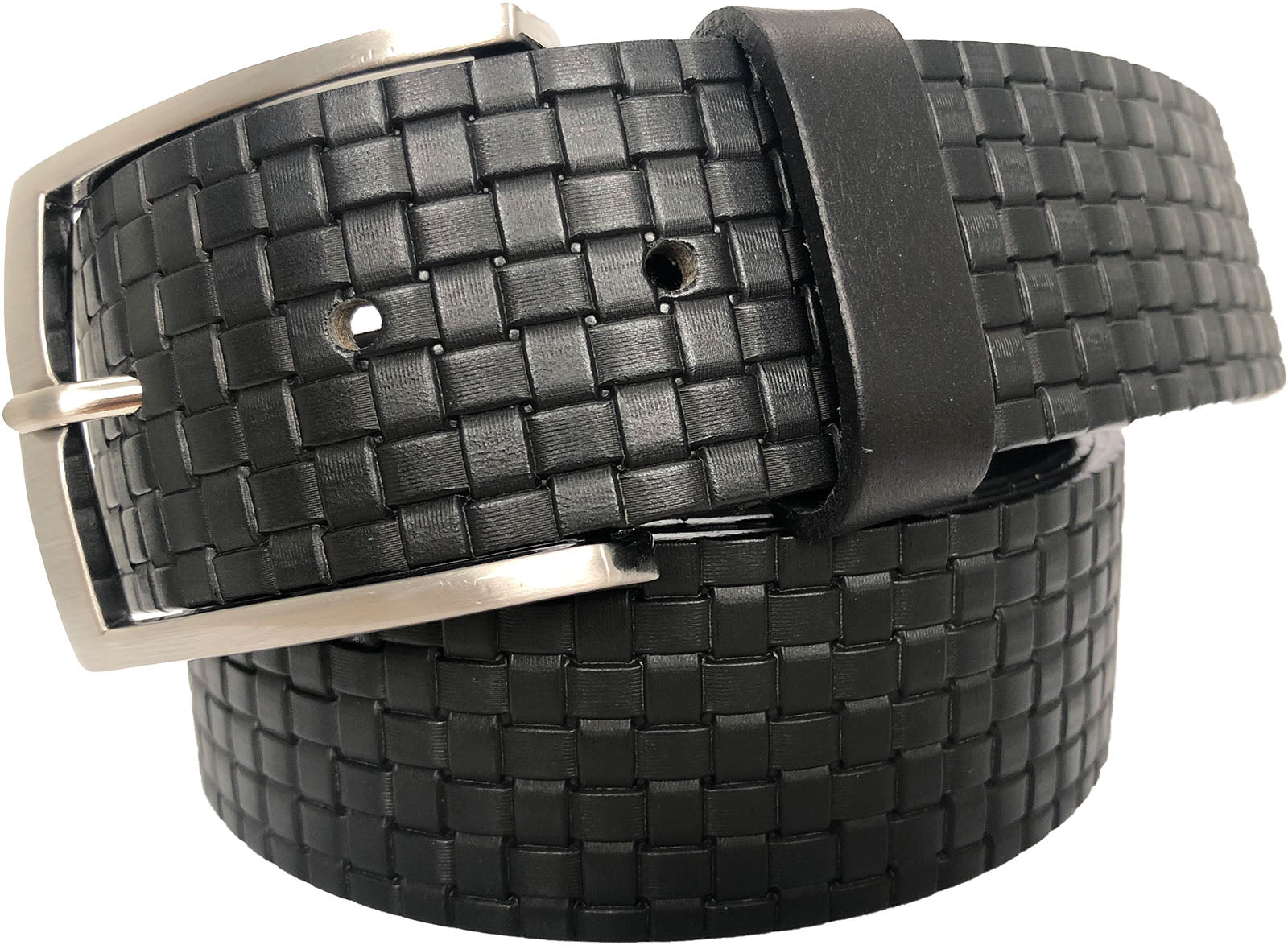 BLACK 40MM WEAVE EMBOSSED LEATHER BELT