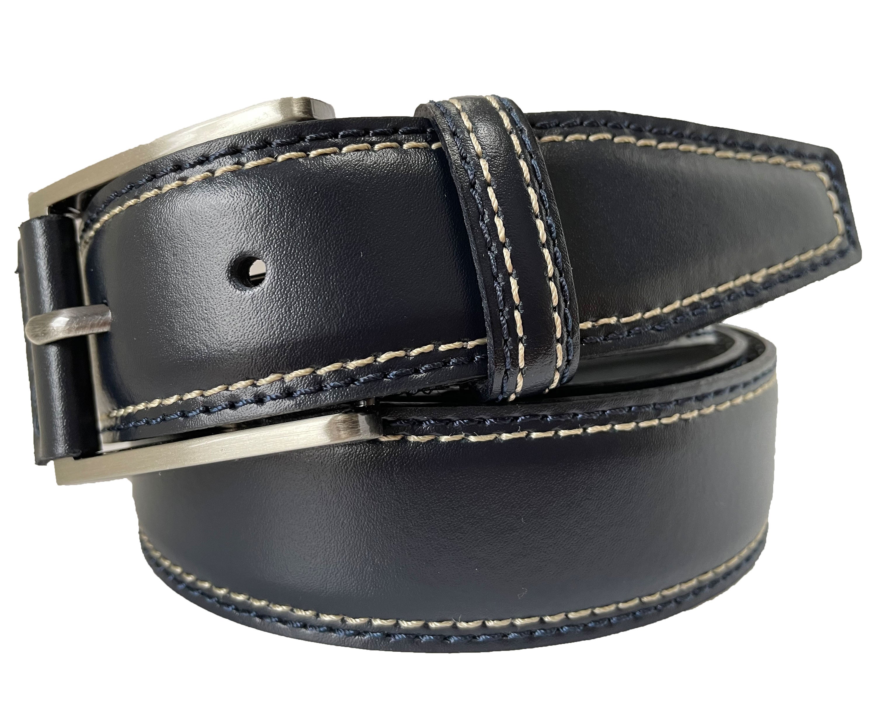 DARKEST BLUE CONTRAST DOUBLE STITCHED 35MM LEATHER BELT