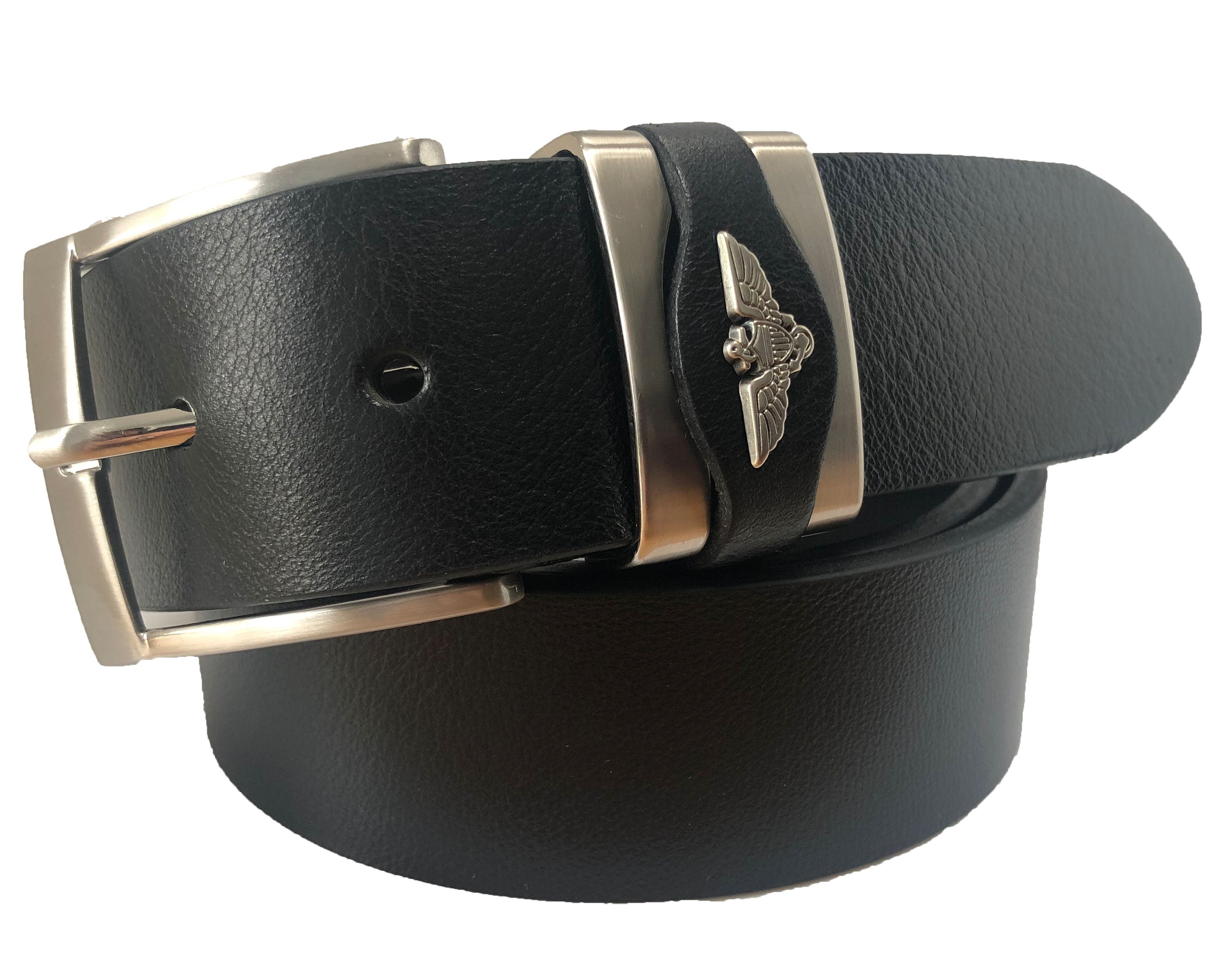 BLACK METAL EAGLE WINGS METAL LOOP LEATHER BELT 40MM
