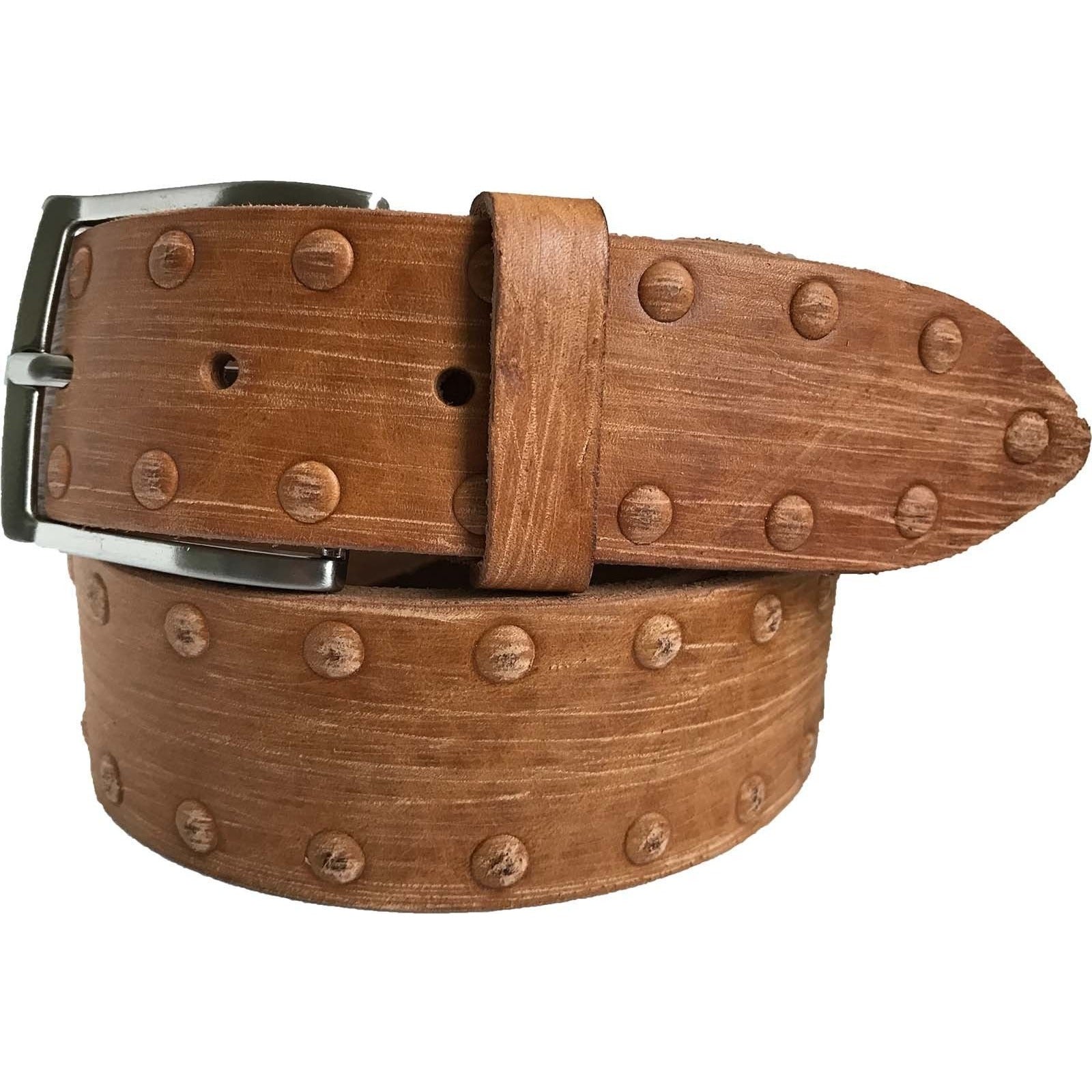 TAN WASHED RIVET DESIGN LEATHER BELT
