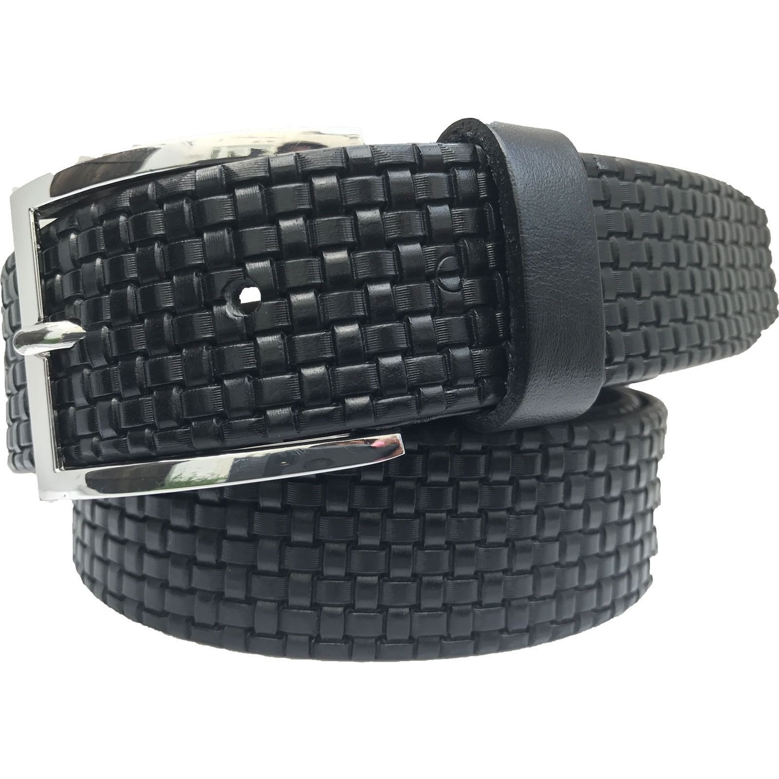 BLACK 35MM WEAVE EMBOSSED LEATHER BELT