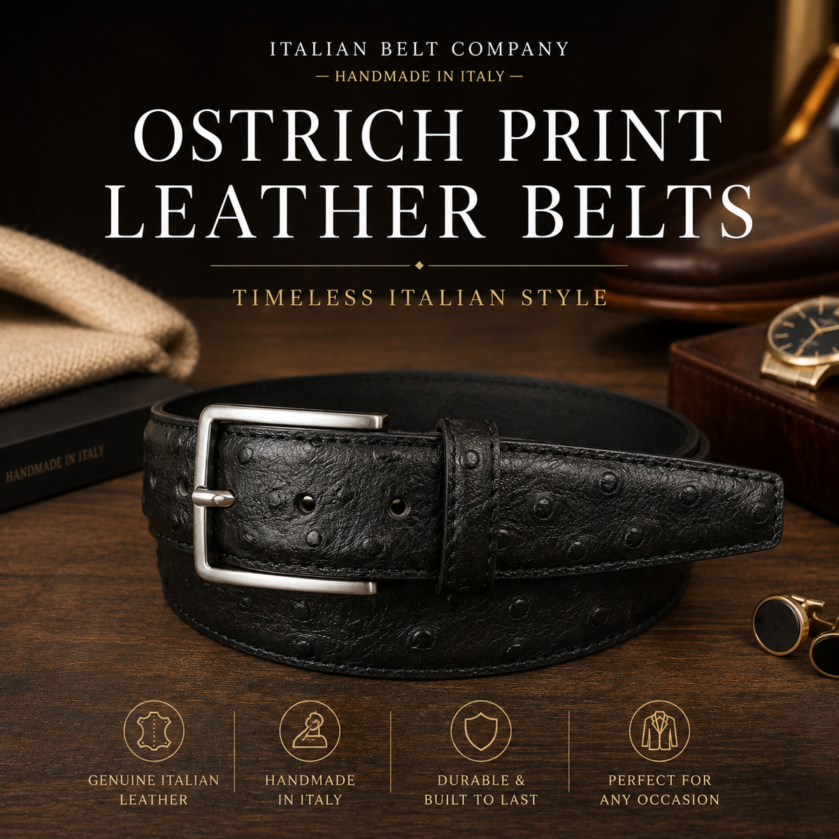 Ostrich Print Leather Belts – Timeless Italian Style with a Distinctive Finish