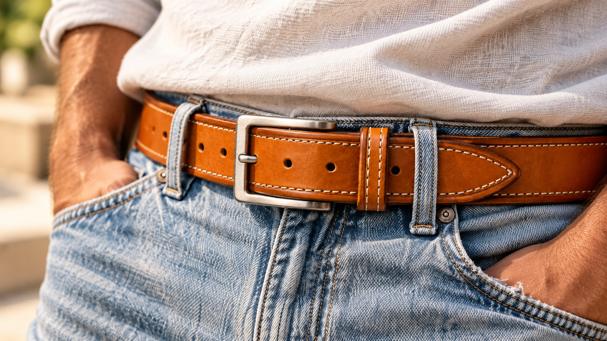 Man wearing a cognac tan leather belt with blue jeans