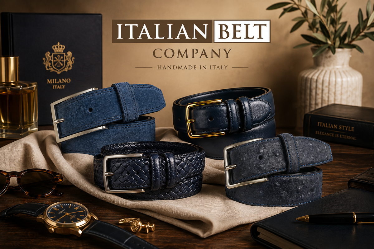 Collection of handmade blue Italian leather and suede belts crafted in Italy.