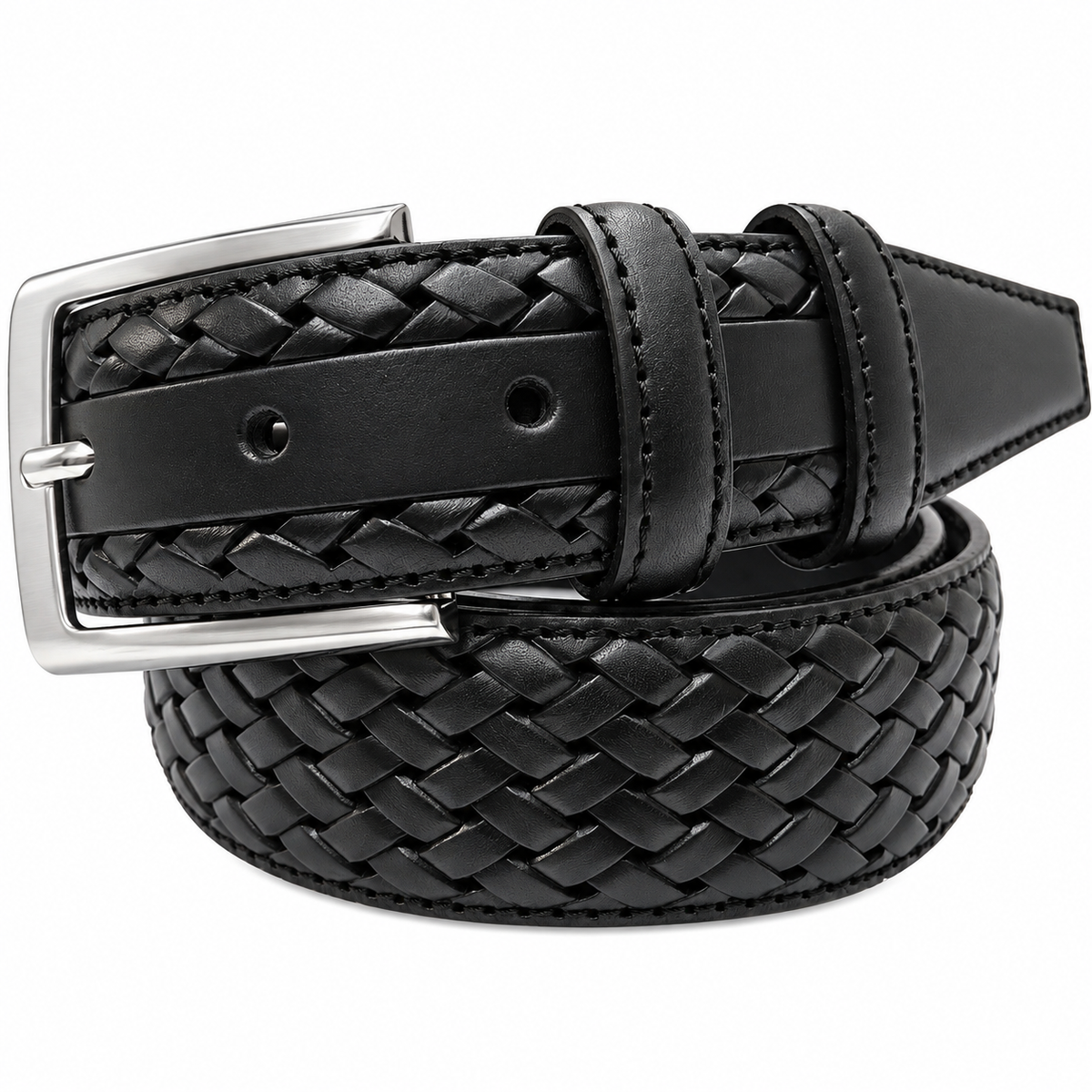 BLACK CALF LEATHER WEAVE EMBOSSED 35MM LEATHER BELT