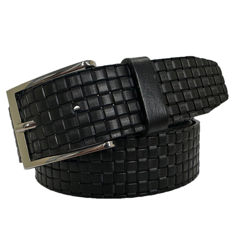 BLACK 35MM DOUBLE CHECK WEAVE EMBOSSED HIDE LEATHER BELT