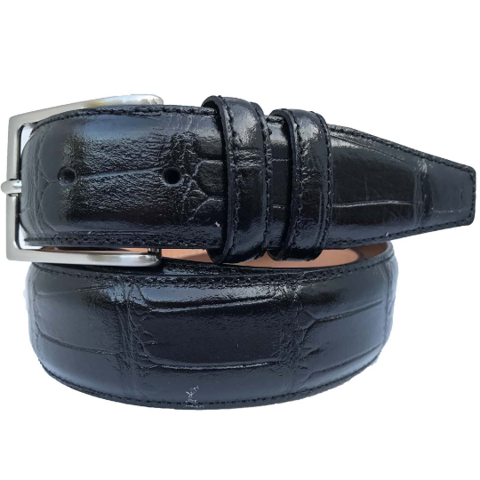 Black 35mm Italian Leather Belt Crocodile Print
