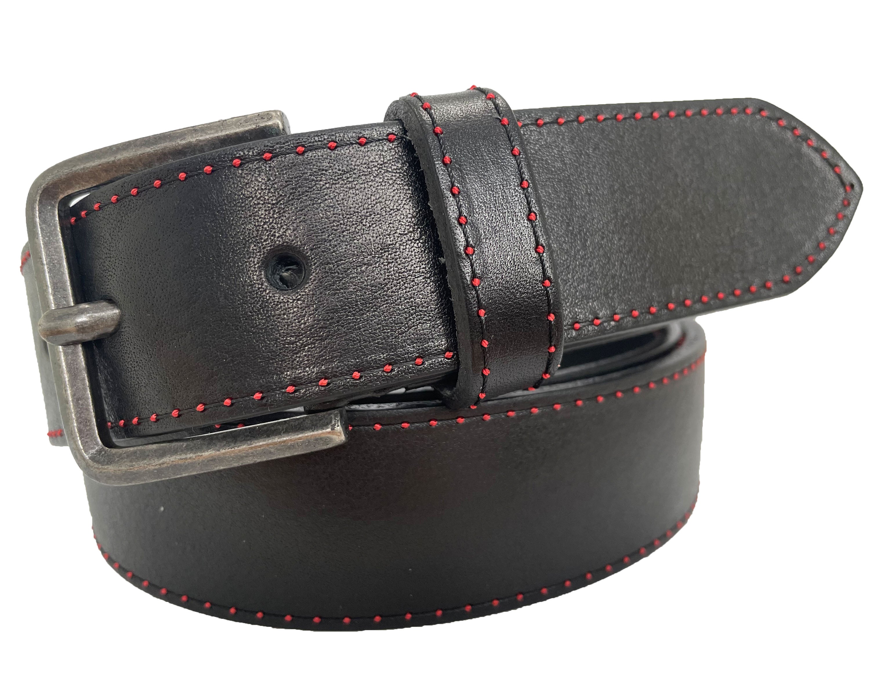 BLACK WITH RED DOTS 35MM  HIDE LEATHER BELT