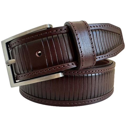 RICH BROWN STRIPE EMBOSSED STRUCTURED CALF LEATHER 35MM LEATHER BELT