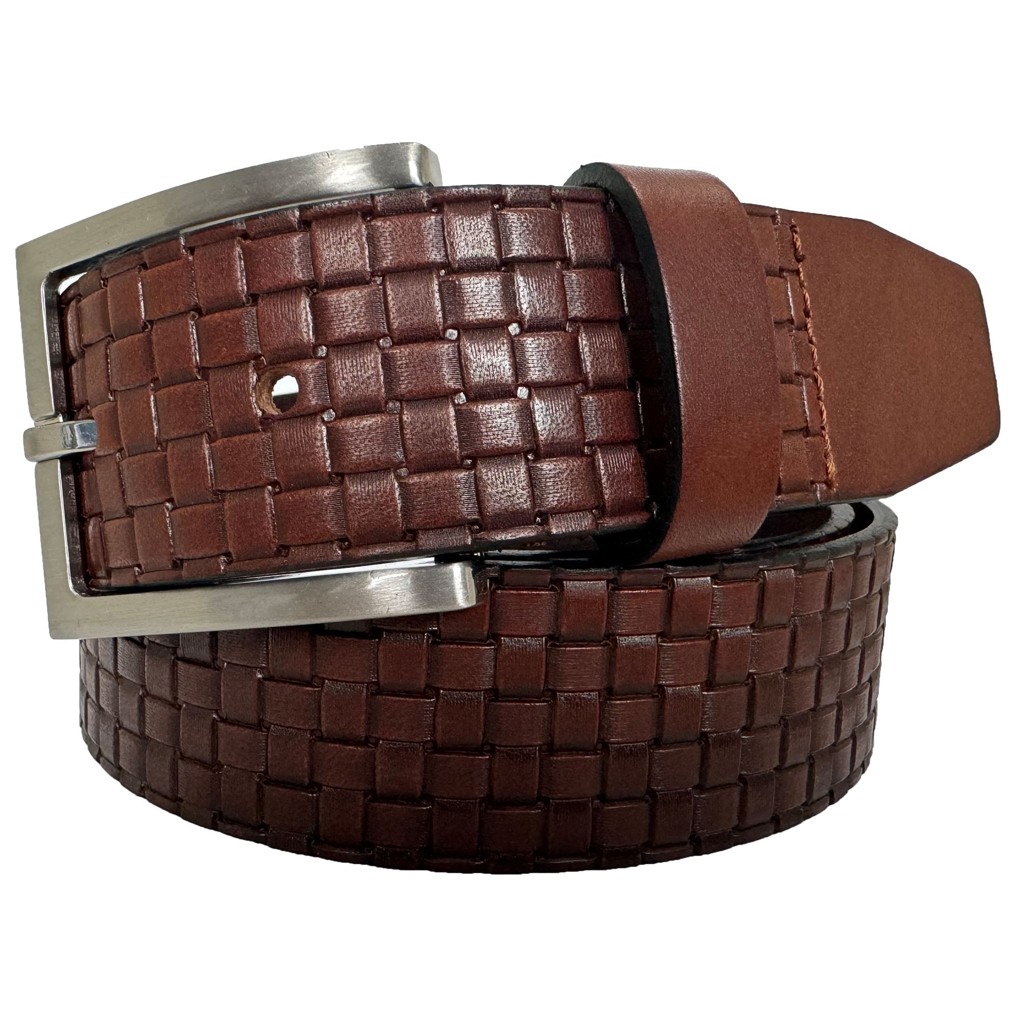 COGNAC TAN BROWN 35MM  CHECK WEAVE EMBOSSED HIDE LEATHER BELT