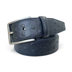 A dark navy blue ostrich leather belt with a silver-tone metal buckle, neatly coiled on a white background.