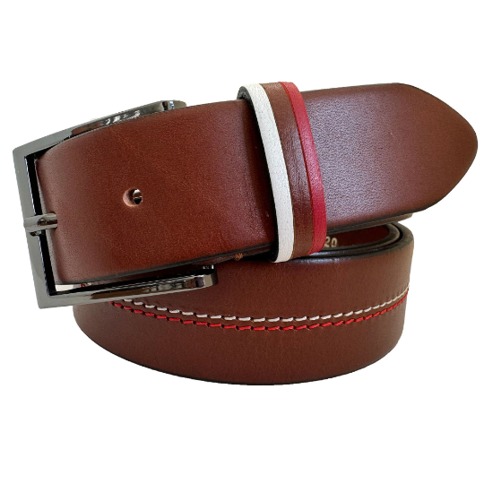 COGNAC TAN 35MM RED & WHITE ACCENTS HIDE LEATHER BELT