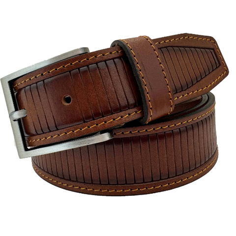 COGNAC TAN STRIPE EMBOSSED STRUCTURED CALF LEATHER 35MM LEATHER BELT