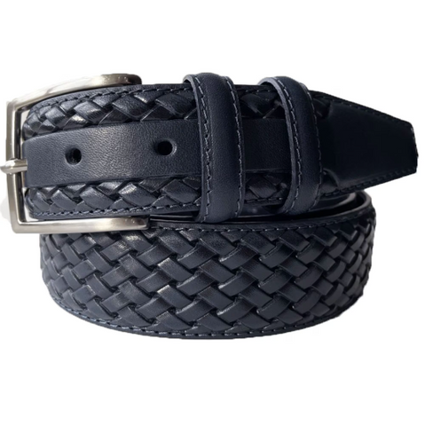 DARK BLUE LEATHER BRAID WEAVE EMBOSSED 35MM LEATHER BELT