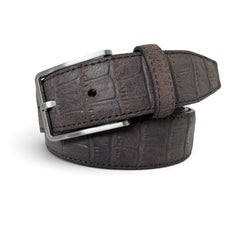 A dark brown leather belt with a crocodile-embossed texture and a silver-tone metal buckle, coiled on a white background.