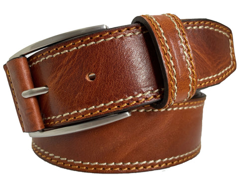 TAN DISTRESSED HIDE LEATHER BELT WITH LEATHER BUCKLE TAB 40MM