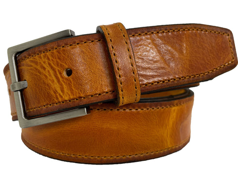 YELLOW TAN DISTRESSED EMBOSSED HIDE WITH LEATHER LOOP 35MM LEATHER BELT