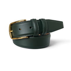A dark forest green leather belt with a polished gold-tone buckle, neatly coiled on a white background.