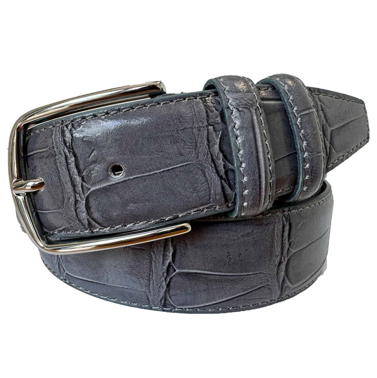 Grey 35mm Italian Leather Belt Crocodile Print