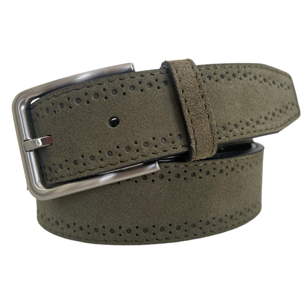 Olive Green 35mm Italian Suede Belt Brogue Detailing
