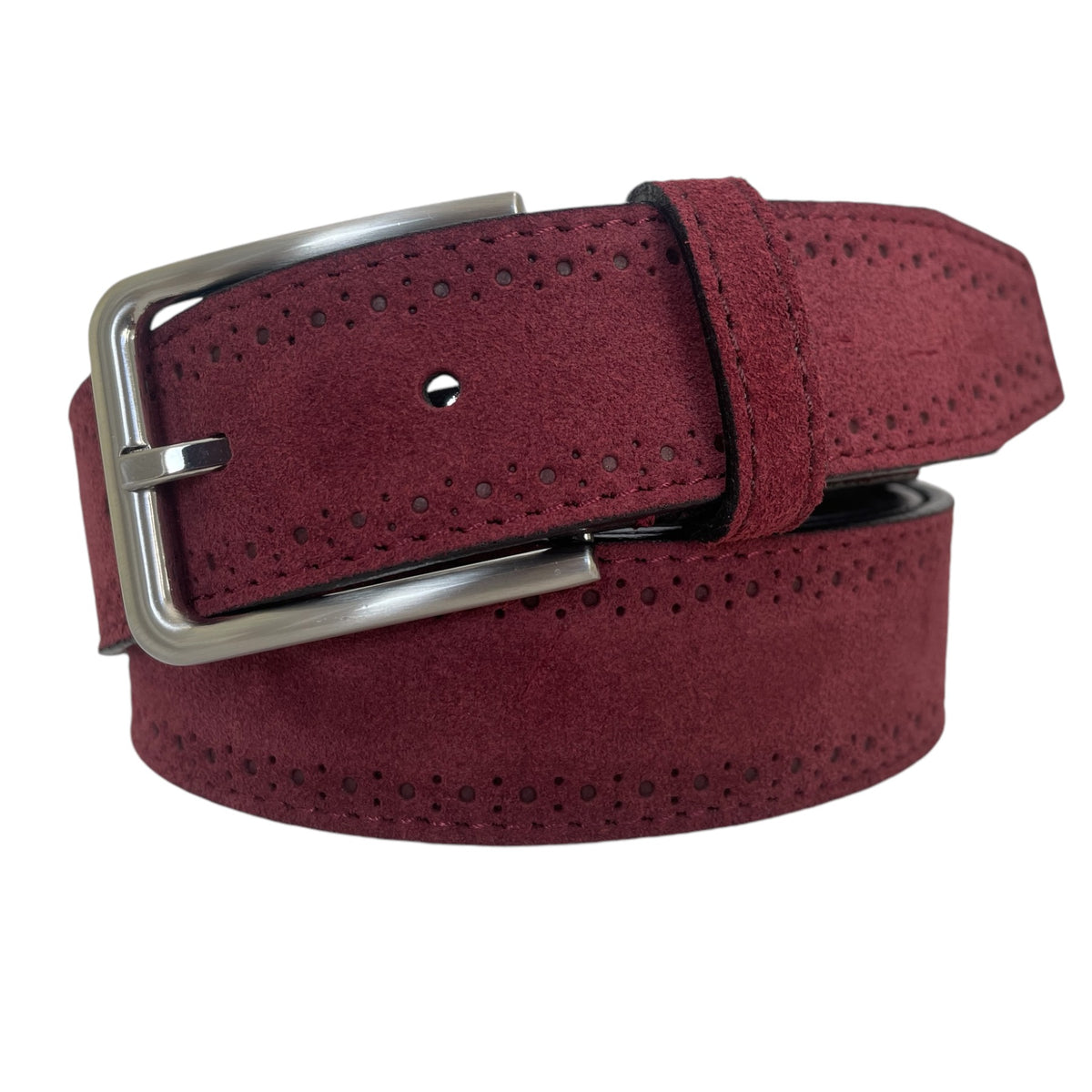 Burgundy 35mm Italian Suede Belt Brogue Detailing