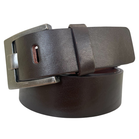 DARK BROWN 40MM HIDE LEATHER BELT ANTIQUE FLAT PRONG BUCKLE