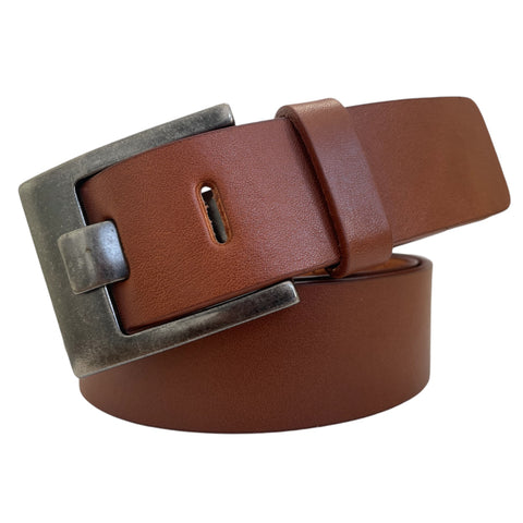 COGNAC TAN 40MM HIDE LEATHER BELT ANTIQUE FLAT PRONG BUCKLE