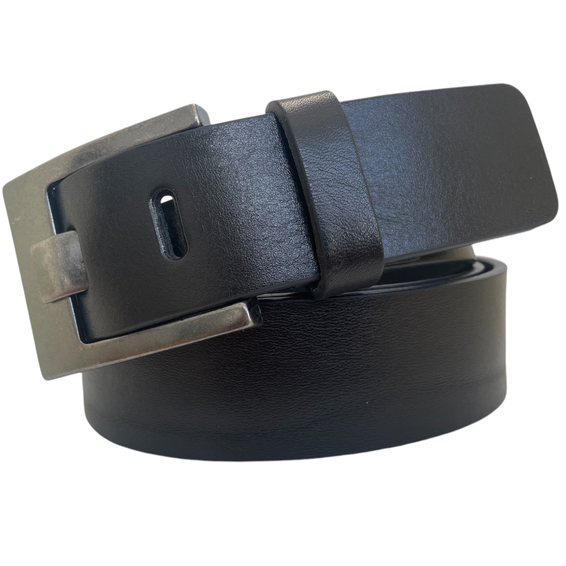 BLACK 40MM HIDE LEATHER BELT ANTIQUE FLAT PRONG BUCKLE