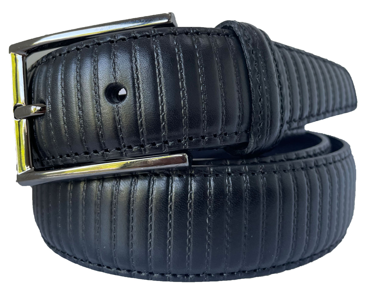 Black 35mm Italian Calf Leather Belt Striped Texture