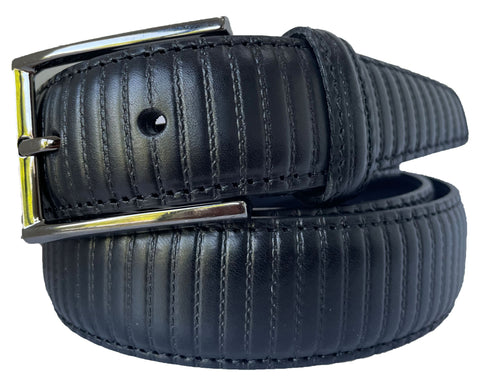BLACK STRIPE EMBOSSED STRUCTURED CALF LEATHER 35MM LEATHER BELT