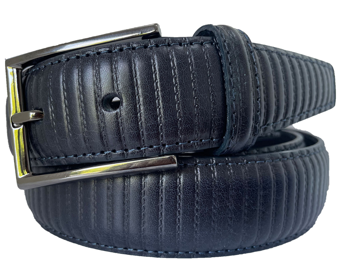 Navy Blue 35mm Italian Calf Leather Belt Striped Texture