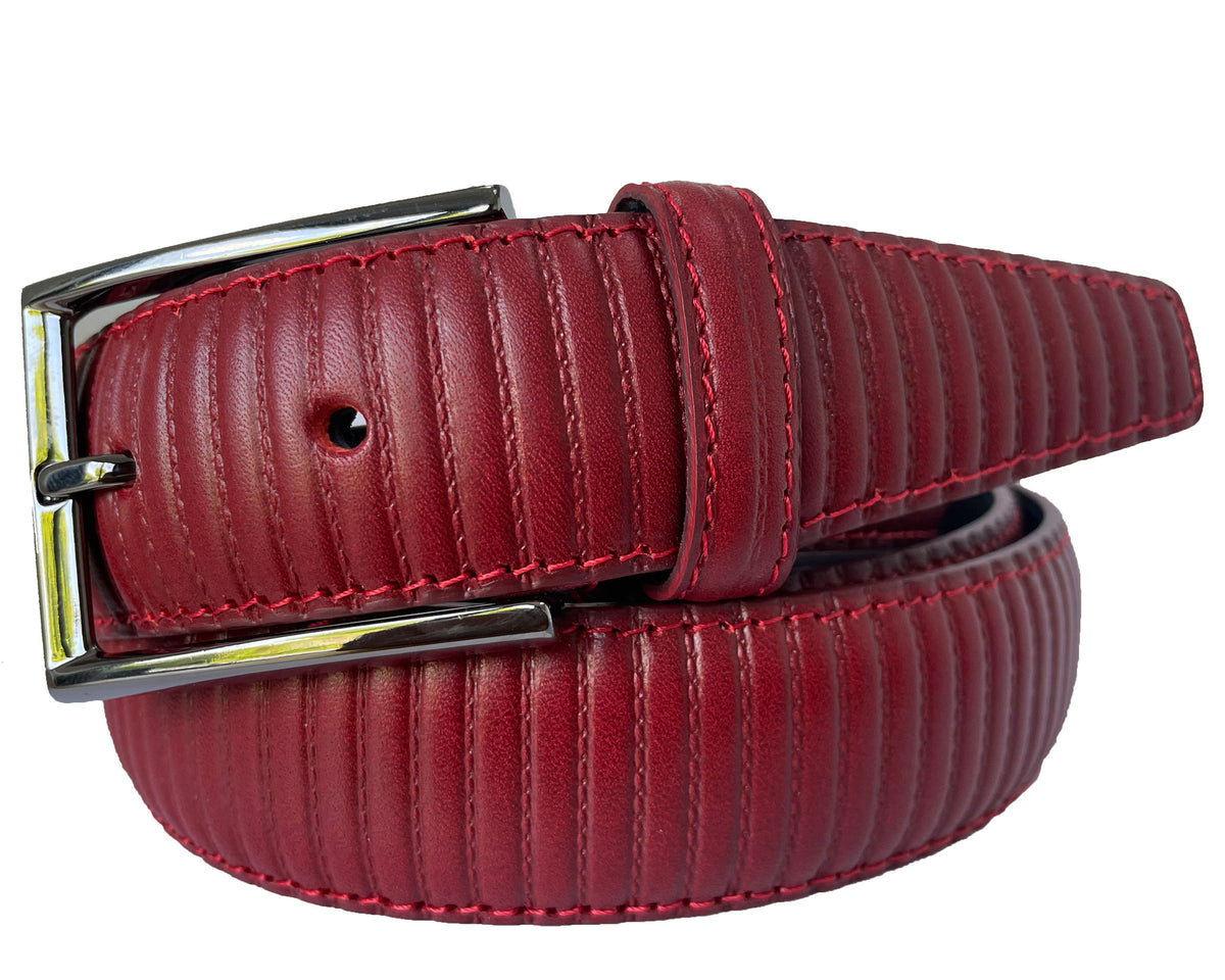 Red 35mm Italian Calf Leather Belt Striped Texture